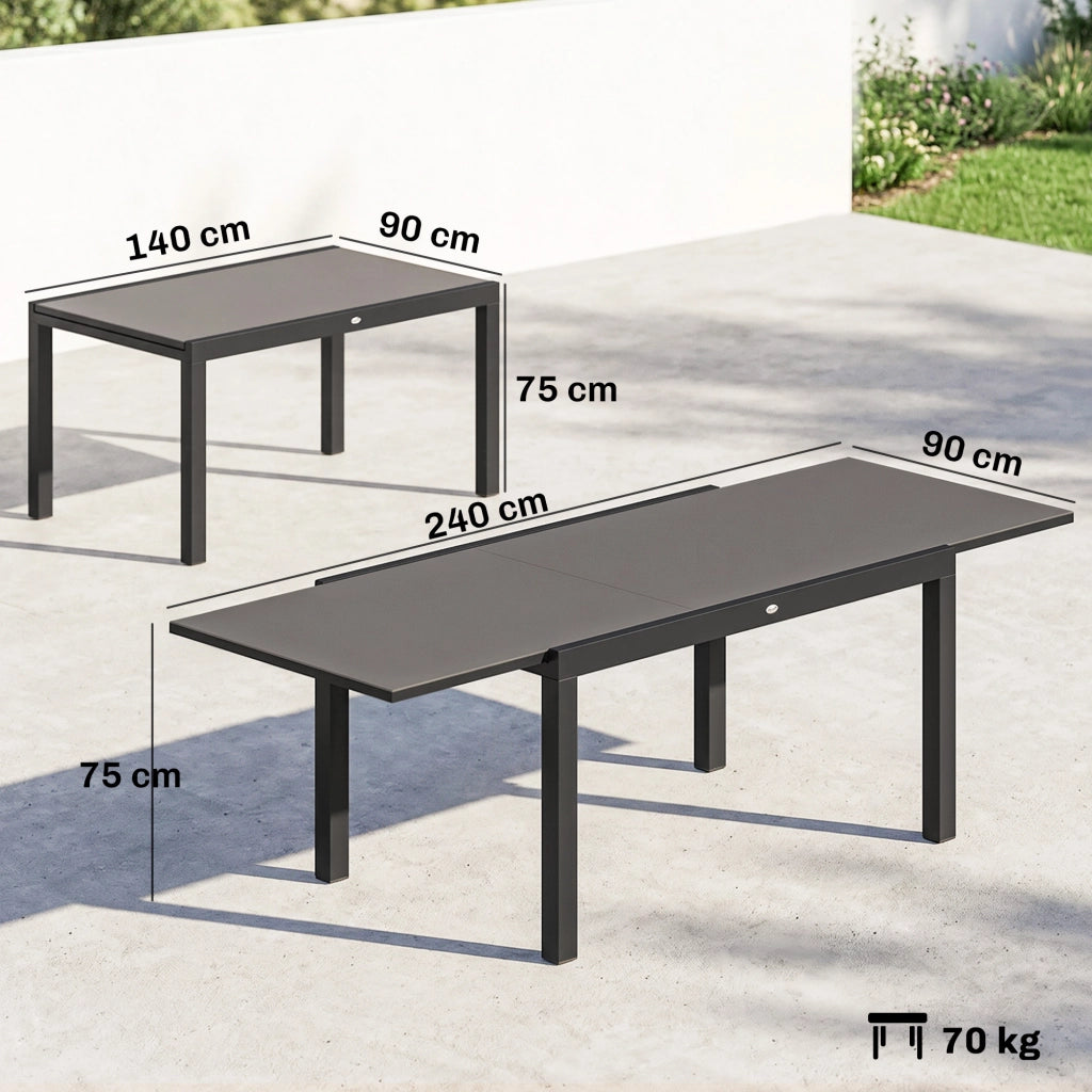 Tavolo da Giardino Allungabile ¨C Minimal ¨C Vetro Temperato, Alluminio, Nero, 140/240x90 cm