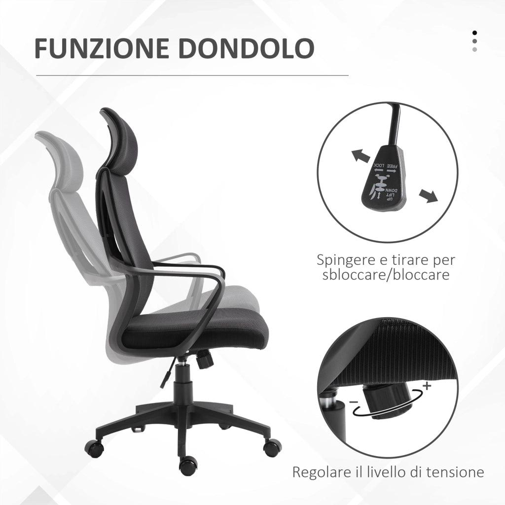 Sedia Operativa da Ufficio Reclinabile con Poggiatesta e Supporto Lombare 64x55x116-126 cm Nero