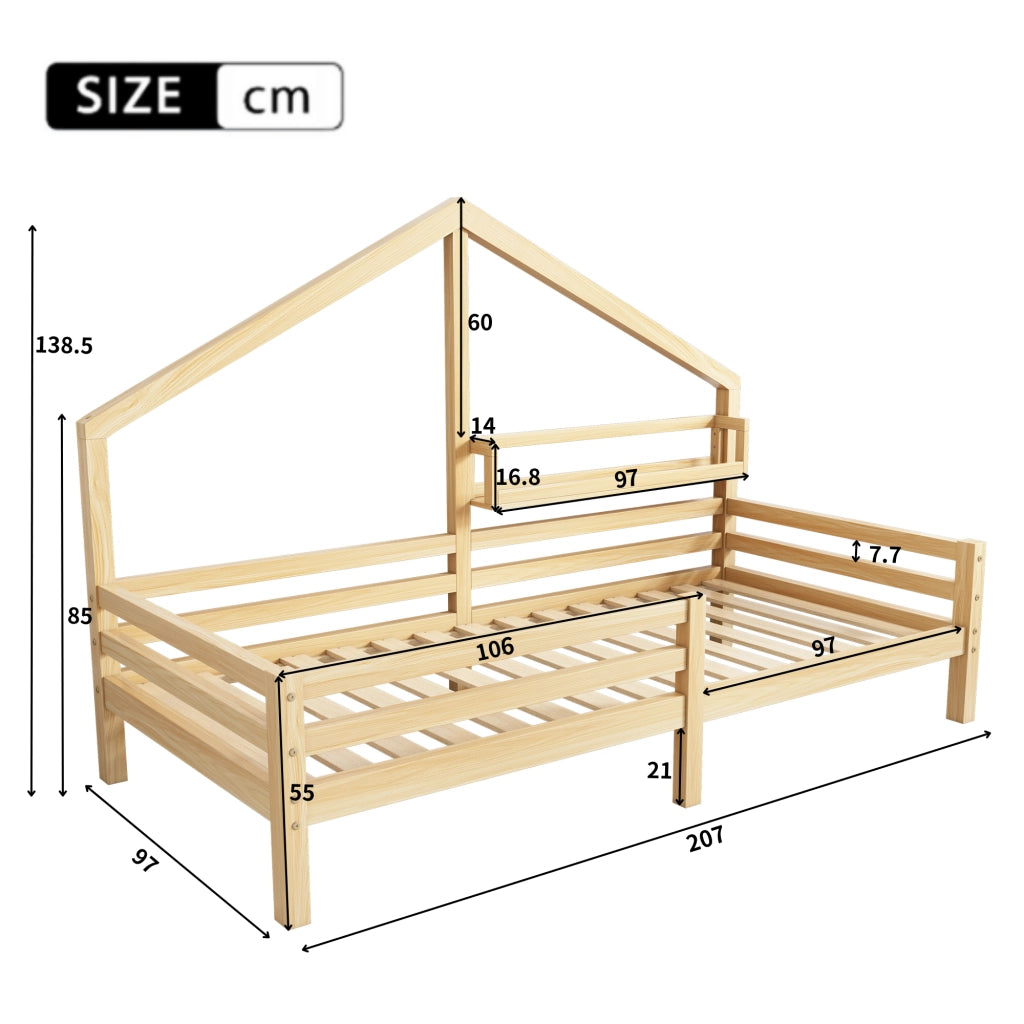 Letto Casetta Bambini con Ripiano 90x200 ¨C MINIMAL ¨C Legno Naturale