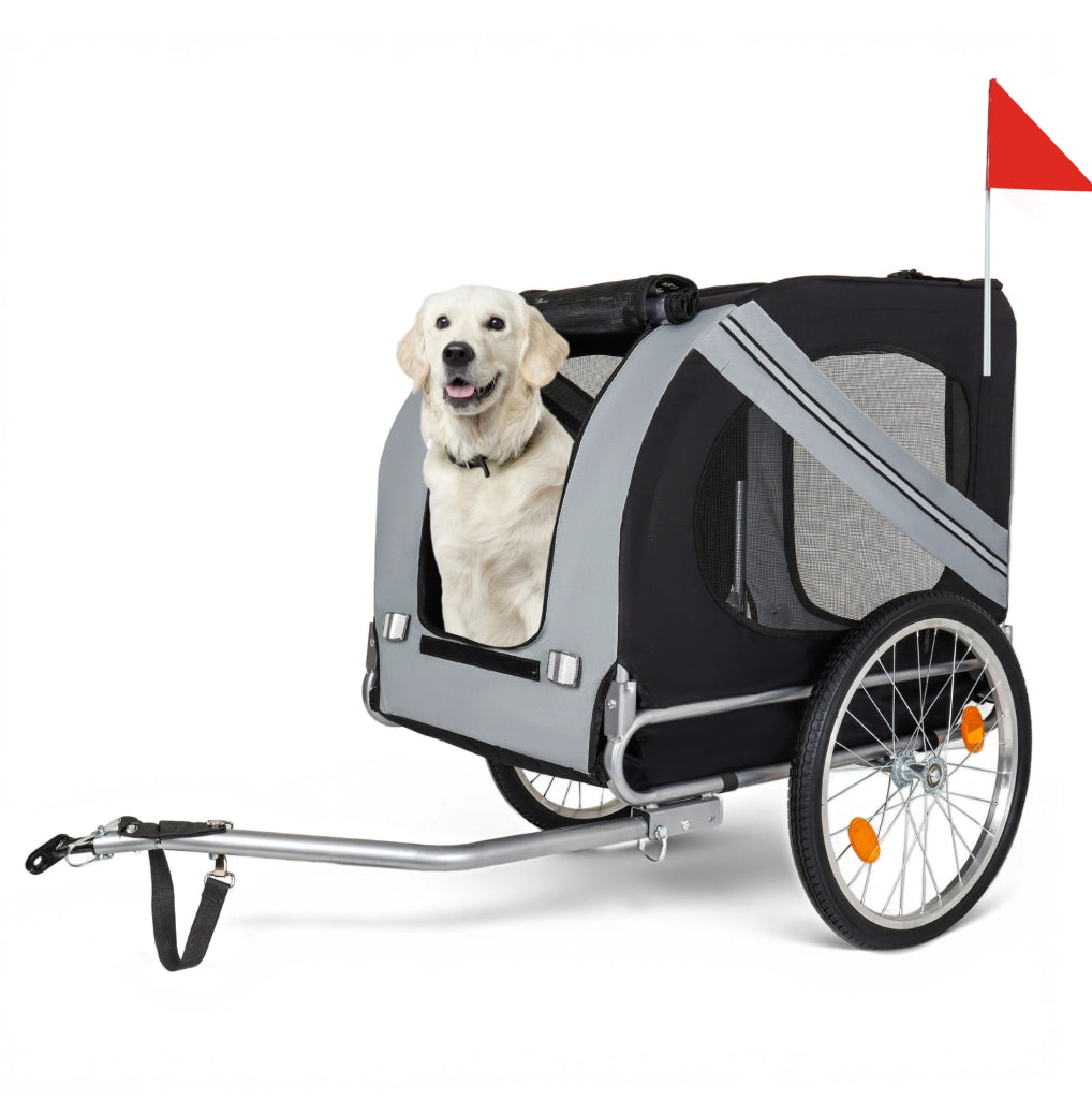 Rimorchio per bici per cani fino a 40 kg; nero e grigio; in acciaio e tessuto Oxford