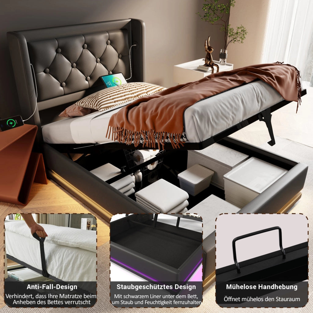 LETTO contenitore 90x200 cm PU nero con USB Type-C e LED a 3 lati