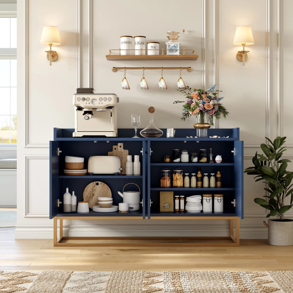 Credenza buffet 120cm blu marino, mobile soggiorno pannello di particelle con base metallo oro, 4 ante push‑to‑open, ripiani regolabili per sala da pranzo ingresso