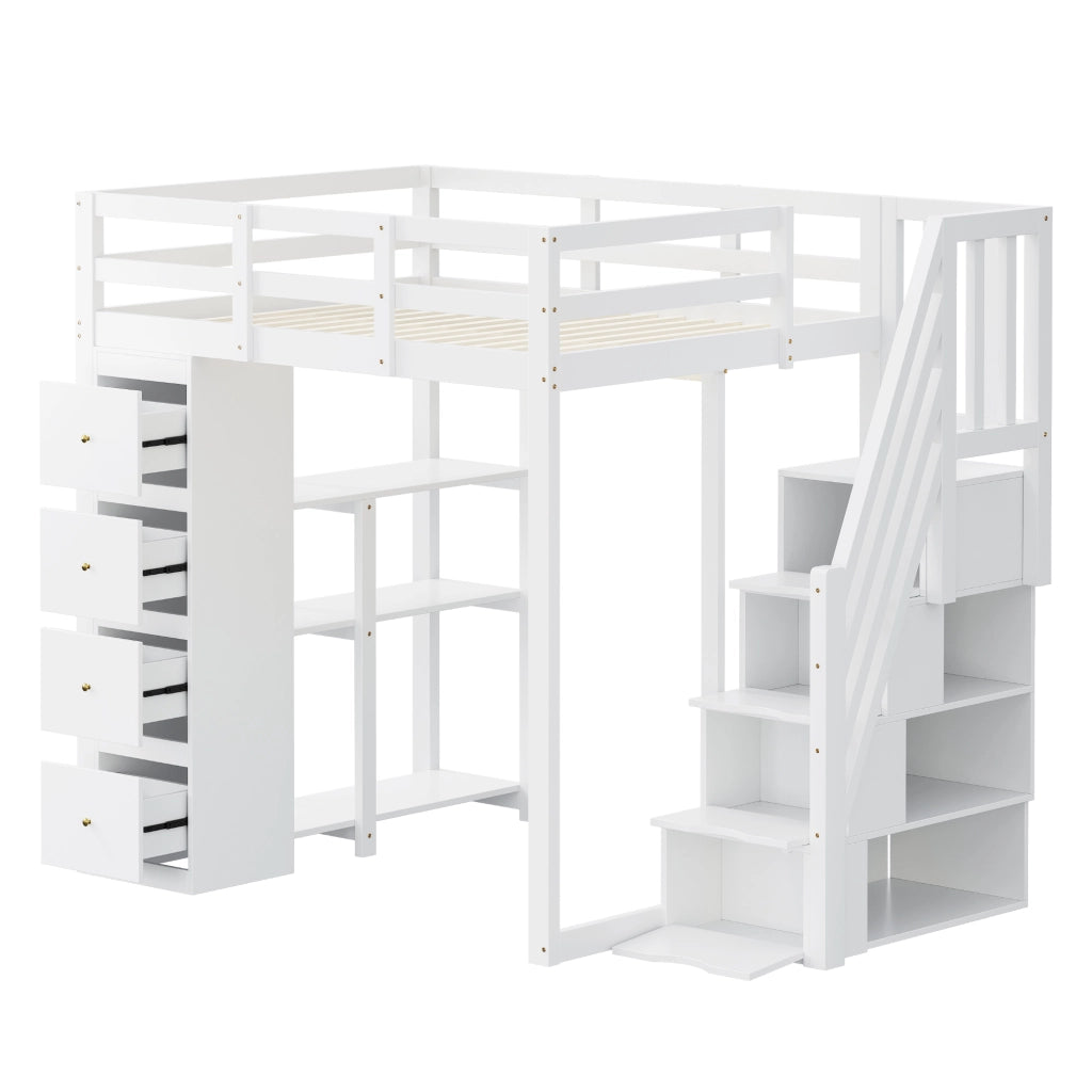 Letto a soppalco 90×200 cm e 140×200 cm con 4 cassetti; ripiani e scala; senza materasso; legno; bianco