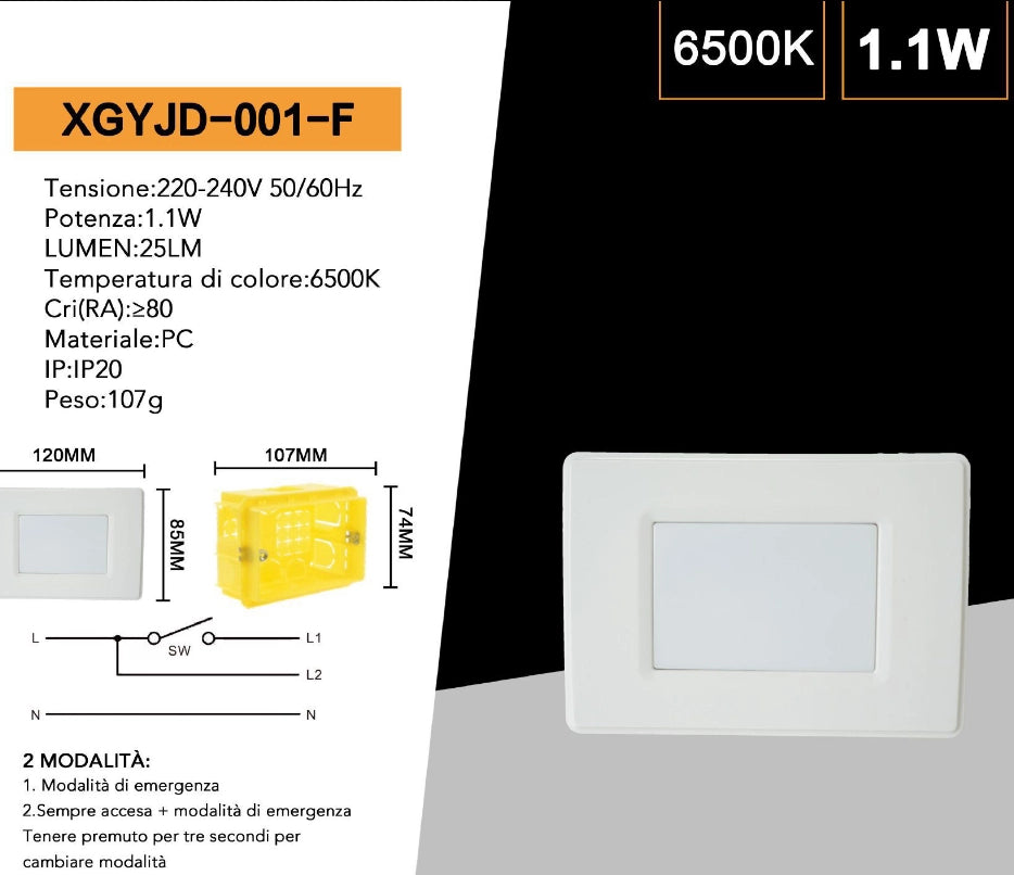 Faretto Led segnapasso lampada muro per scatola 503 doppia funzione fisso e emergenza 220v luce bianca naturale