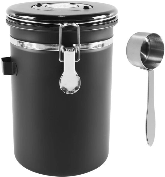 Caffè portatile ermetico 1800ML - Acciaio inossidabile - Vetrino trasparente - Contatore di data - Valvola CO2 - Materiale sicuro - Contenitore di caffè