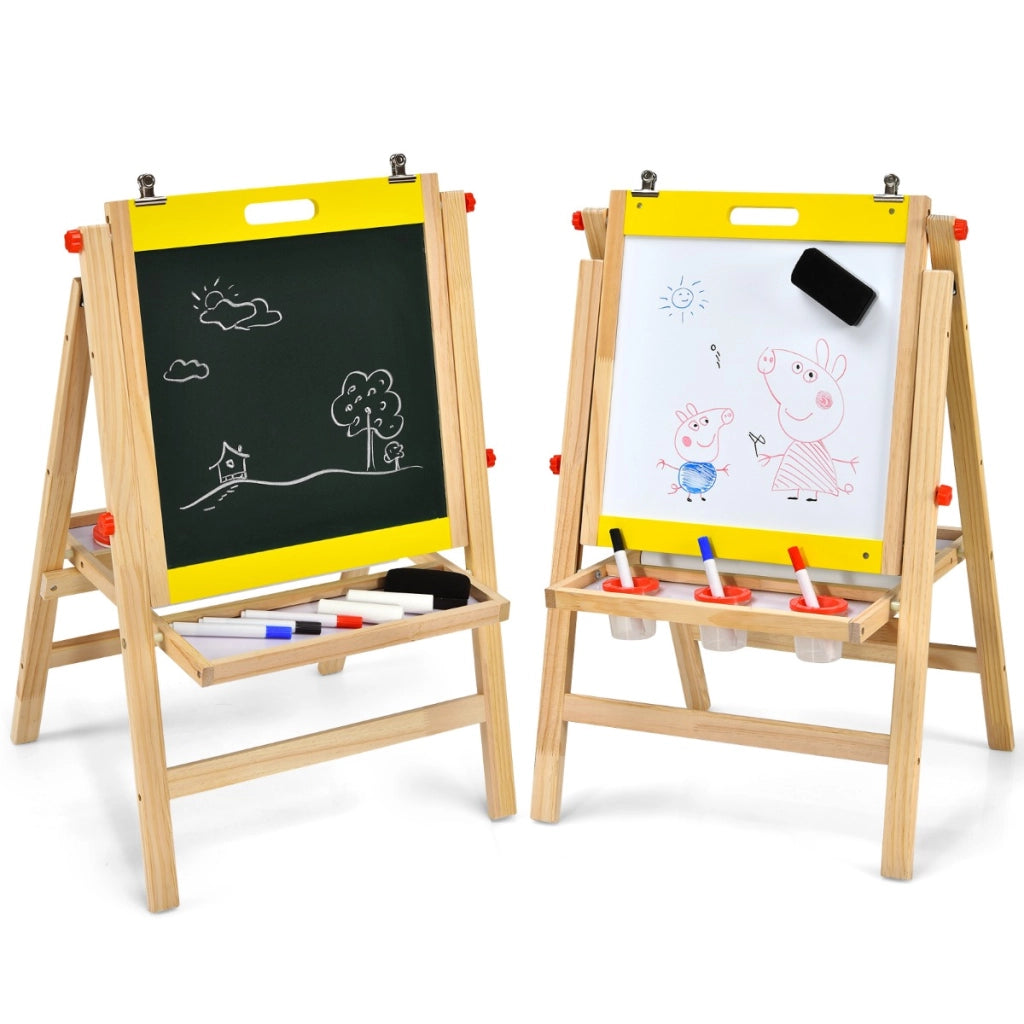 Cavalletto 3 in 1 pieghevole per bambini con altezza regolabile e vassoio, Cavalletto artistico di legno Giallo-Cavalletti e lavagne bambini