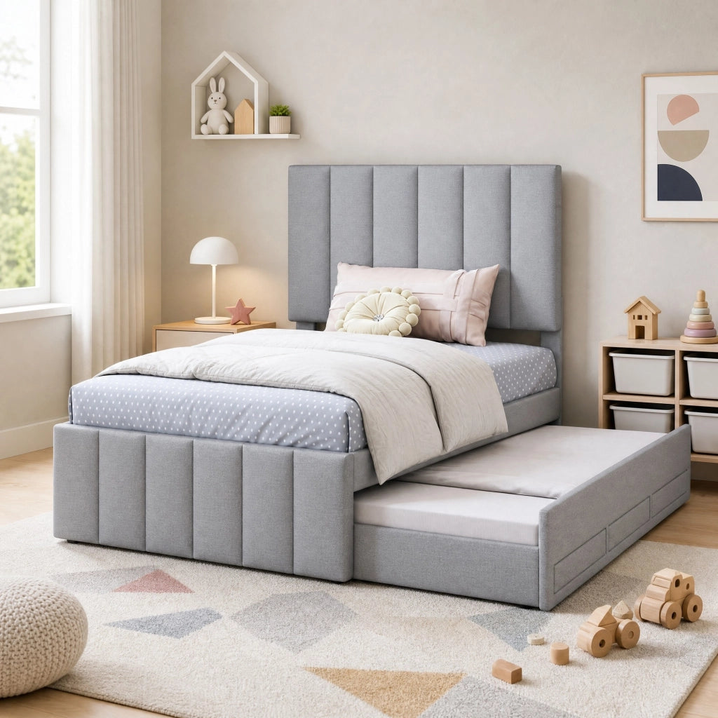 LETTO Imbottito 204 x 90 x 118 cm Grigio con letto estraibile e 3 cassetti