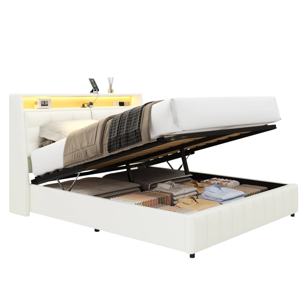Letto piattaforma matrimoniale 160x200 cm con LED; USB; contenitore e testiera regolabile; bianco