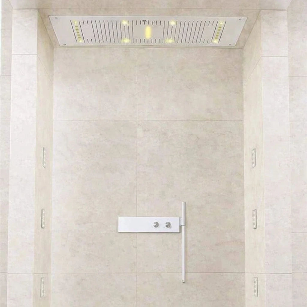 Soffione doccia led a soffitto installazione da incasso con cascata acciaio inox rettangolare