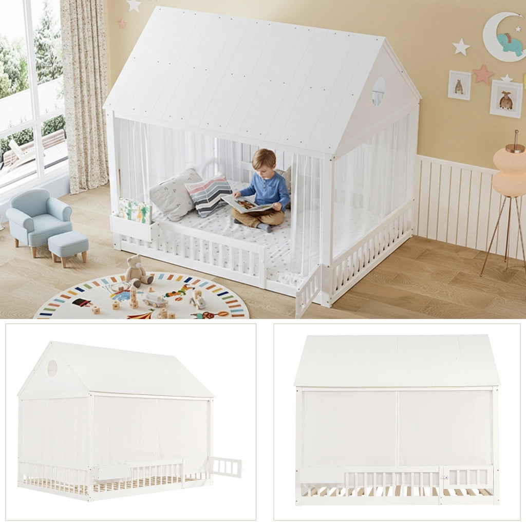 DESMIU Lit enfant 140 × 200 cm avec rangement, fenêtres décoratives, sans matelas, en bois massif et MDF, blanc
