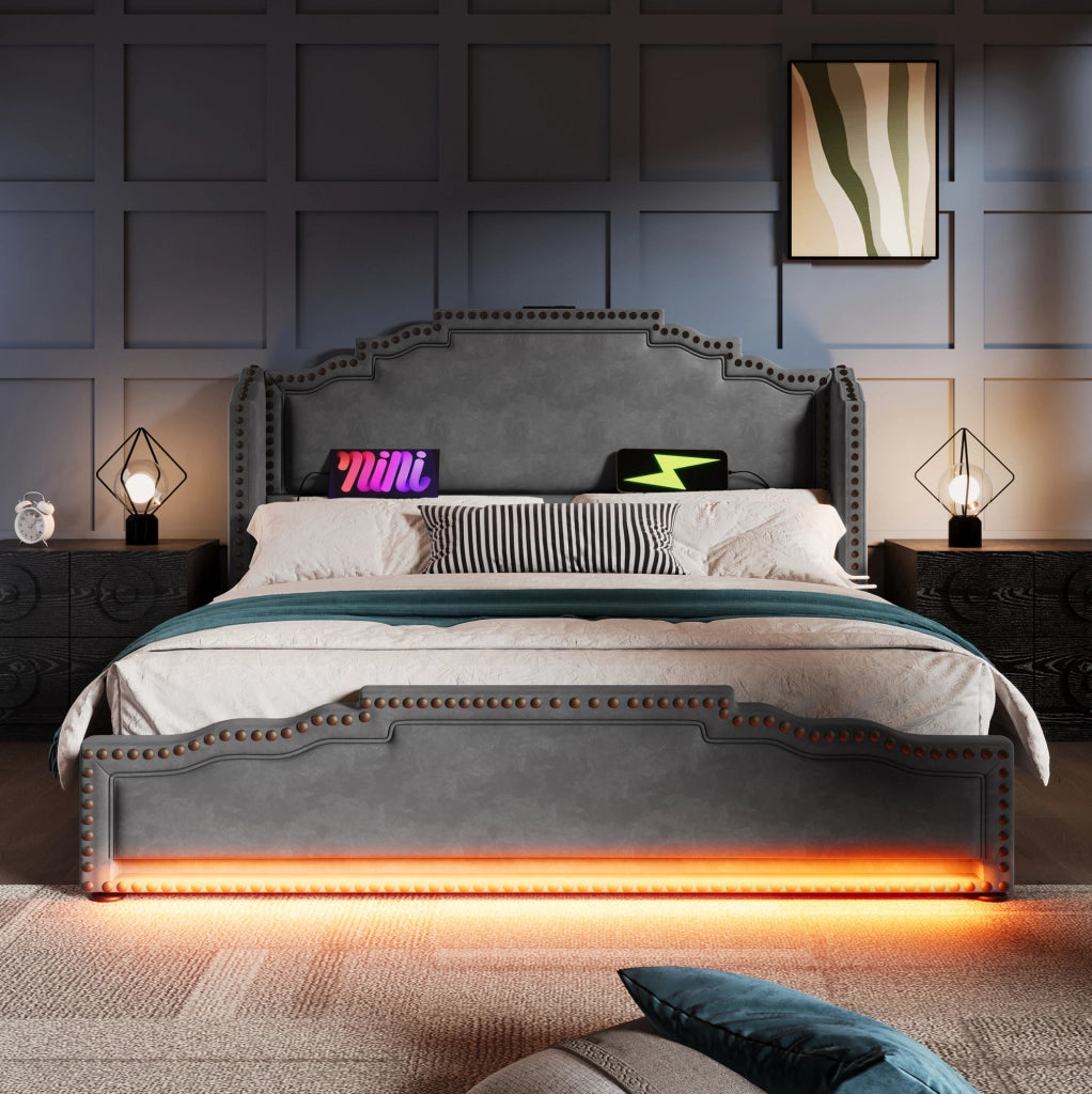Letto matrimoniale 180x200 con 4 cassetti, LED e porte USB-C