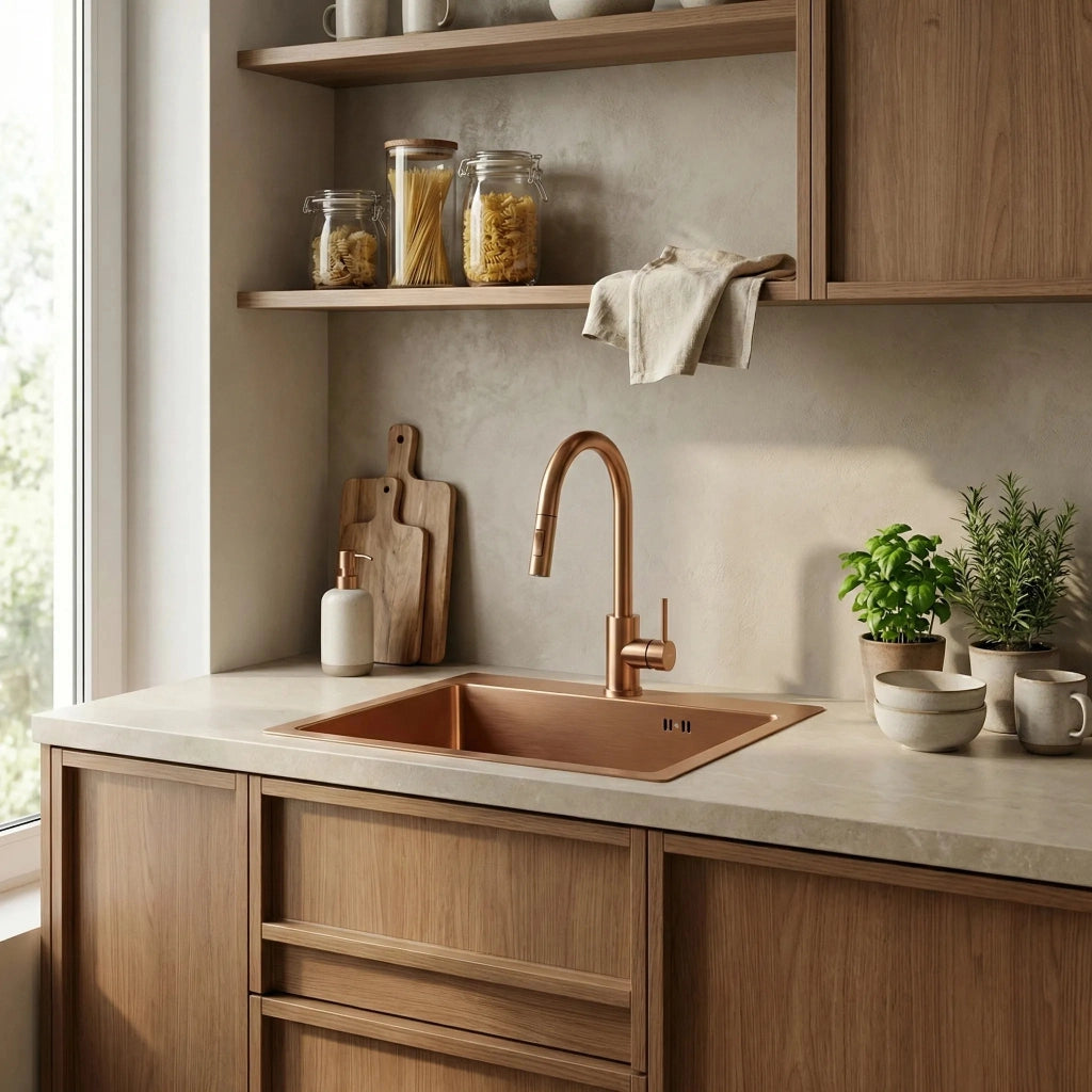 Lavello In Acciaio Leo 50 Brush Copper con rubinetto da cucina