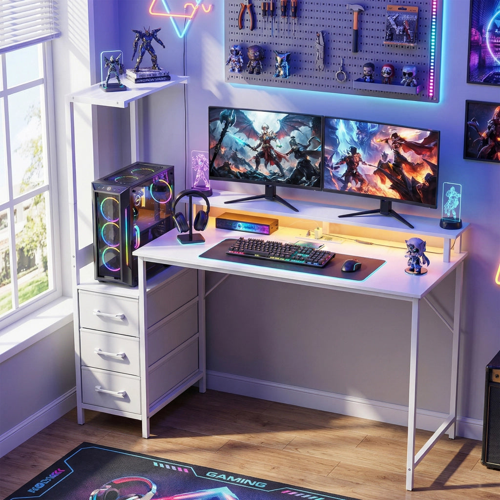 Scrivania Gaming con LED RGB - Xylo - Bianco 147cm Supporto Monitor 3 Cassetti USB Porta Computer