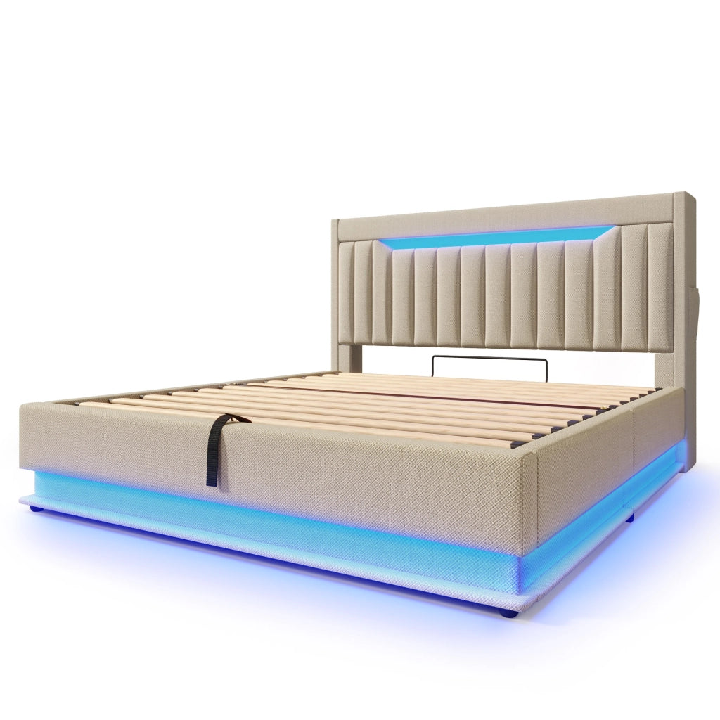 Letto matrimoniale 160x200 cm in lino beige con LED, USB e USB-C, contenitore idraulico, senza materasso