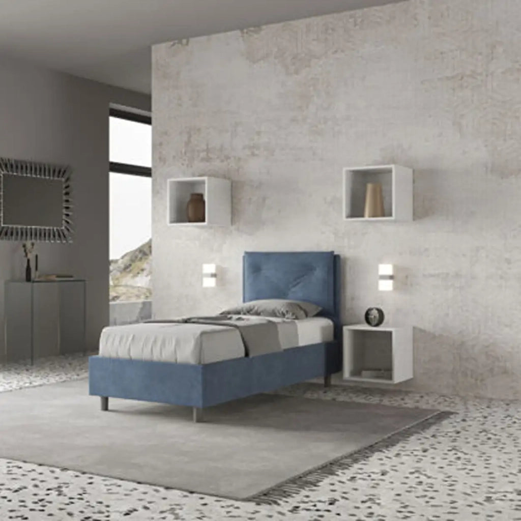 Letto singolo con rete imbottito 80x200 microfibra blu Appia