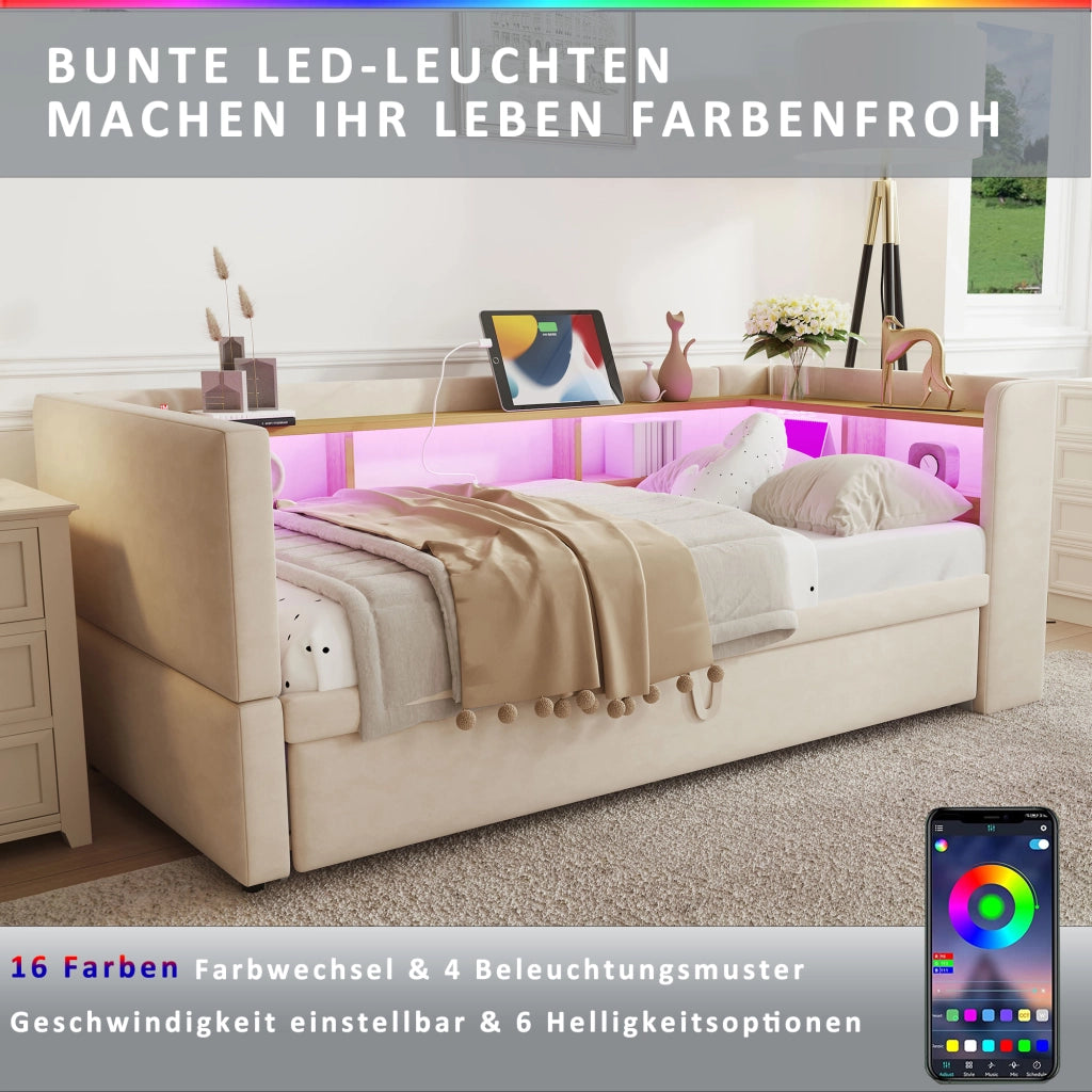 OKWISH Letto Divano Estraibile 90×190 cm e 180×190 cm, Letto Singolo con LED Regolabile, Prese e Scomparti, senza Materasso, Beige