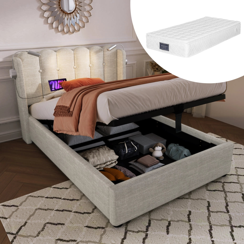 letto imbottito lino beige 90 x 200 cm