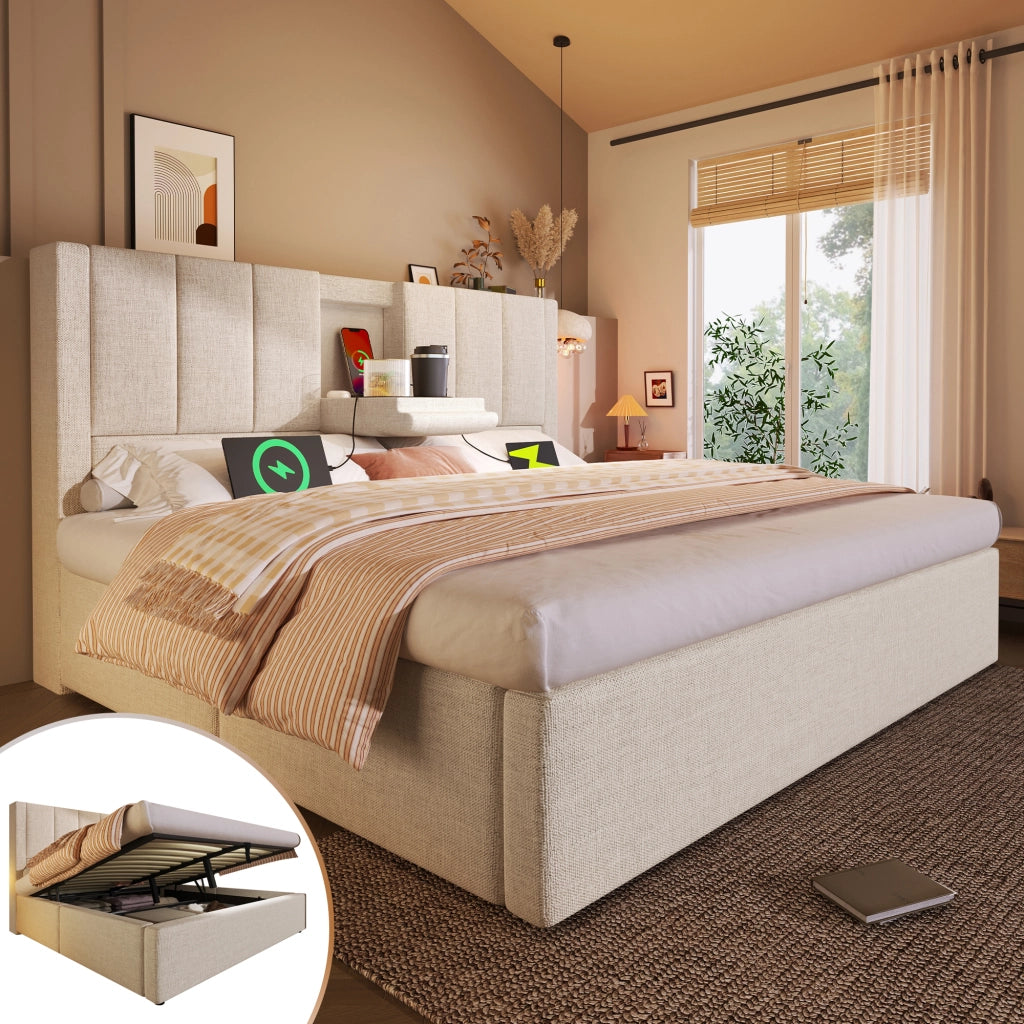 letto imbottito lino beige 140 x 200 cm