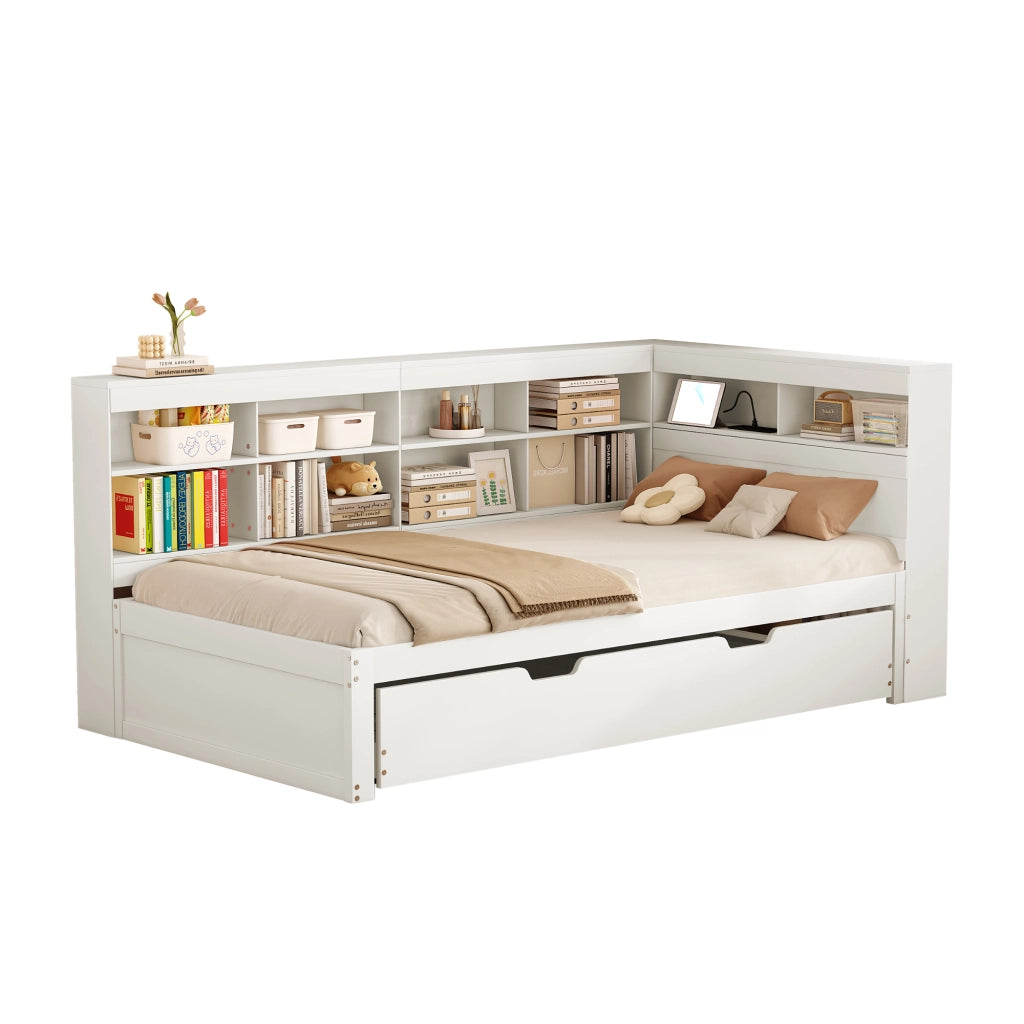 OKWISH Letto estraibile 90×200 cm, Letto Singolo con USB, vani contenitore e mensole, 90×190 cm, senza Materasso, in Legno, Bianco