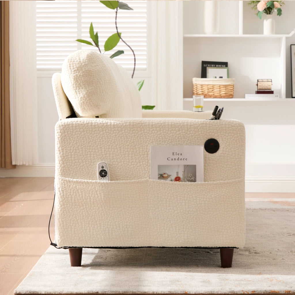 Divano a 2 posti in chenille beige con USB-C, LED, portabicchieri e tasche laterali