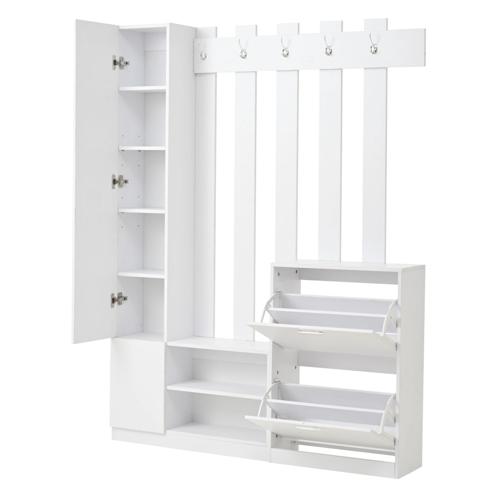 OKWISH Set da 1 Mobile da Ingresso con Specchio, 2 Scarpiere, Ripiani e 5 Ganci, Pannello di Truciolare Bianco