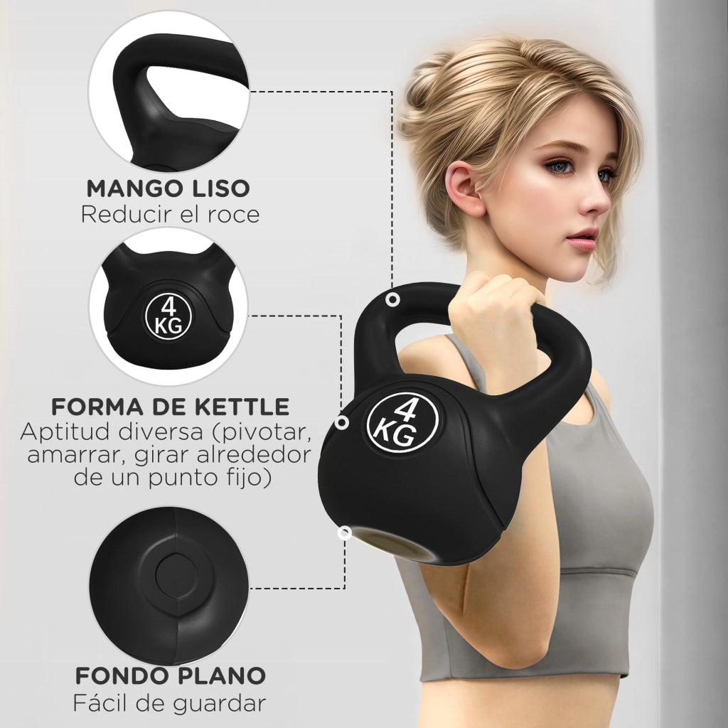 Kettlebell 4 kg ¨C Xylo ¨C Base Piatta, Impugnatura Larga, Riempimento Sabbia 18x12x20 cm Nero