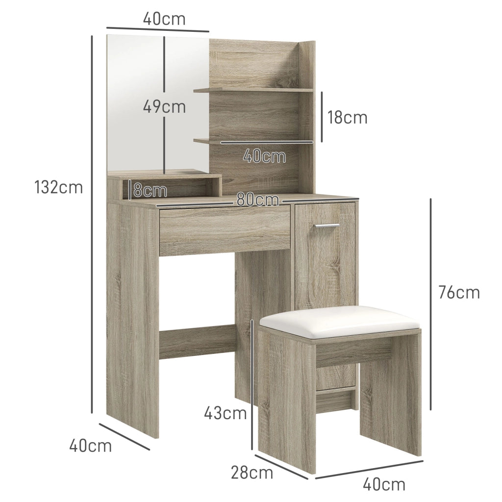 Toeletta con Sgabello Specchio Cassetto Ripiani Aperti Regolabile Anti-ribaltamento ¨C Xylo ¨C Beige Naturale