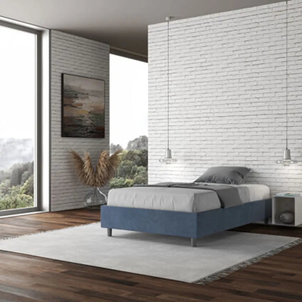 Letto una piazza e mezza con rete imbottito 120x200 microfibra blu Azelia