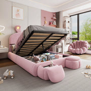 LETTO Imbottito idraulico 140x200 cm velluto rosa con contenitore e 2 pouf