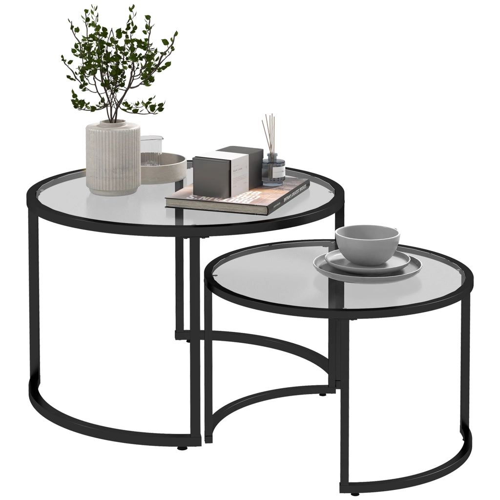 Tavolino da caff¨¨ sovrapponibile in vetro e acciaio ¨C Minimal ¨C Nero, ?70x47.5 cm e ?54x42.5 cm