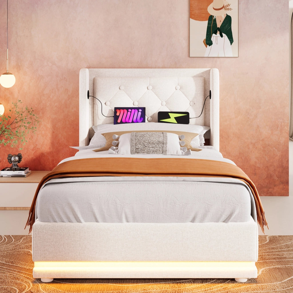 letto imbottito cotone beige 90 x 200 cm