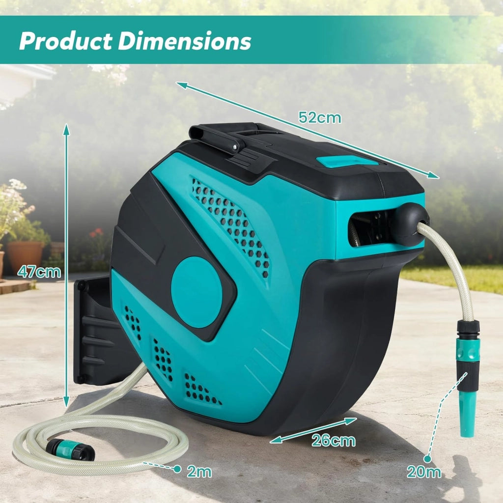 Avvolgitubo da Giardino Automatico a Muro, Tubo in PVC 20 M con Tubo di Alimentazione 2 M, Supporto Girevole a 180°, Ritorno Lento, Avvolgitubo Acqua Retrattile con Ugello Spray (20 M)