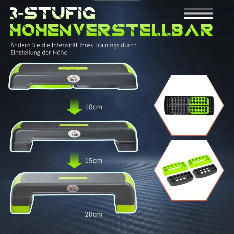Stepper aerobico, altezza regolabile su 3 livelli, portata massima 150 kg, dimensioni 78 x 28 x 20 cm, colore grigio/verde.