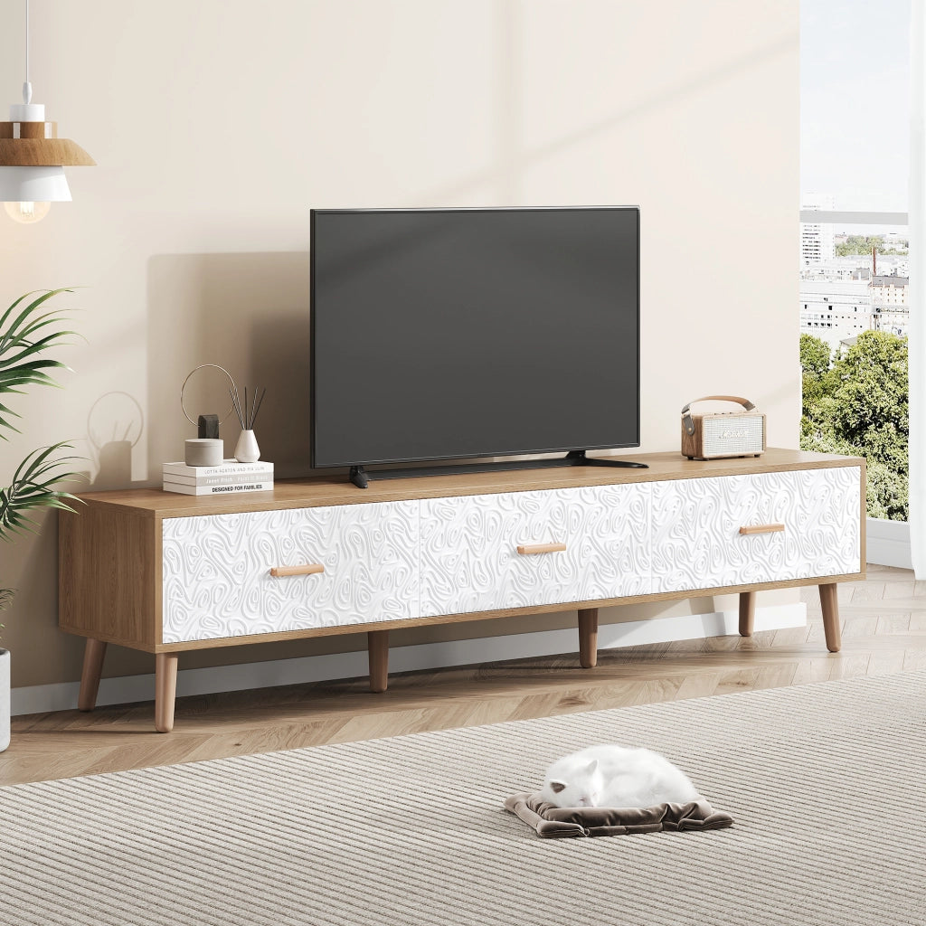 Mobile TV vintage con 3 cassetti e vano con ante testurizzate per soggiorno; in truciolare bianco e legno; 150×35×39 cm