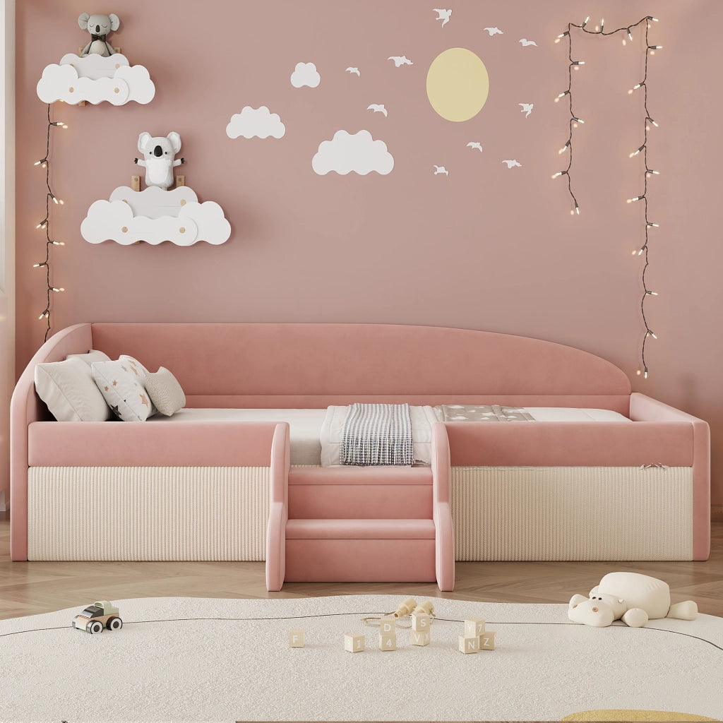 LETTO Imbottito con scalini e spondine 90x190 cm Velluto Rosa e Bianco