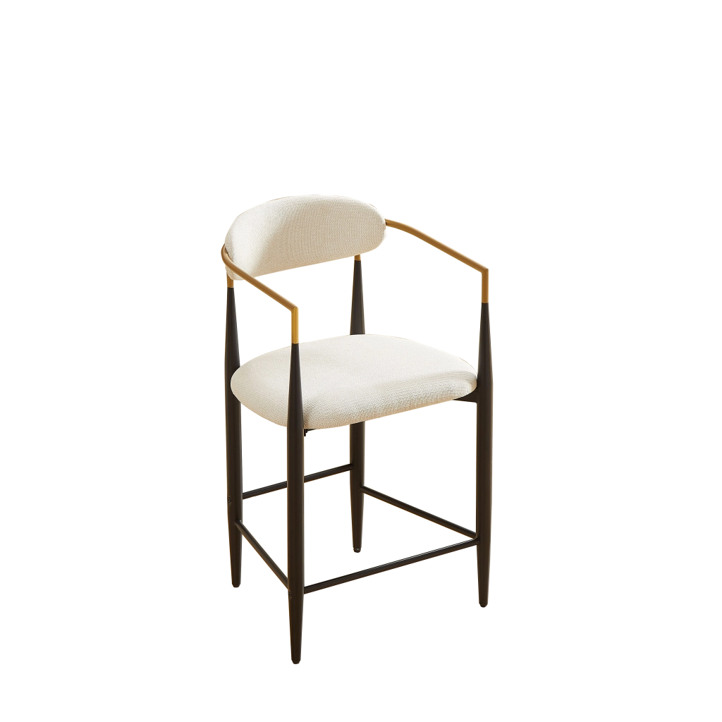Set da 2 sgabelli da bar con braccioli, struttura in metallo nero e seduta in tessuto beige