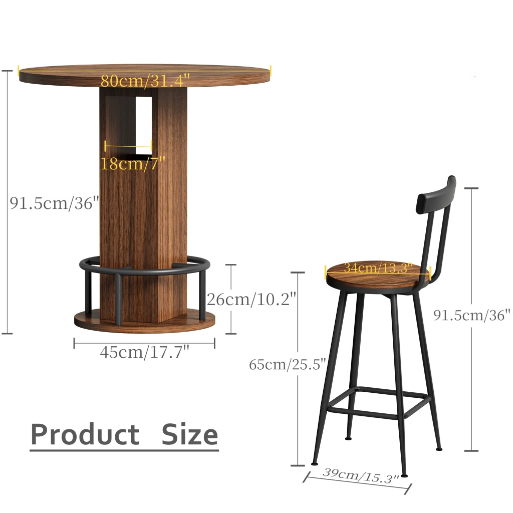TAVOLO BAR ROTONDO 80 cm Noce Set 3 pezzi con 2 sgabelli