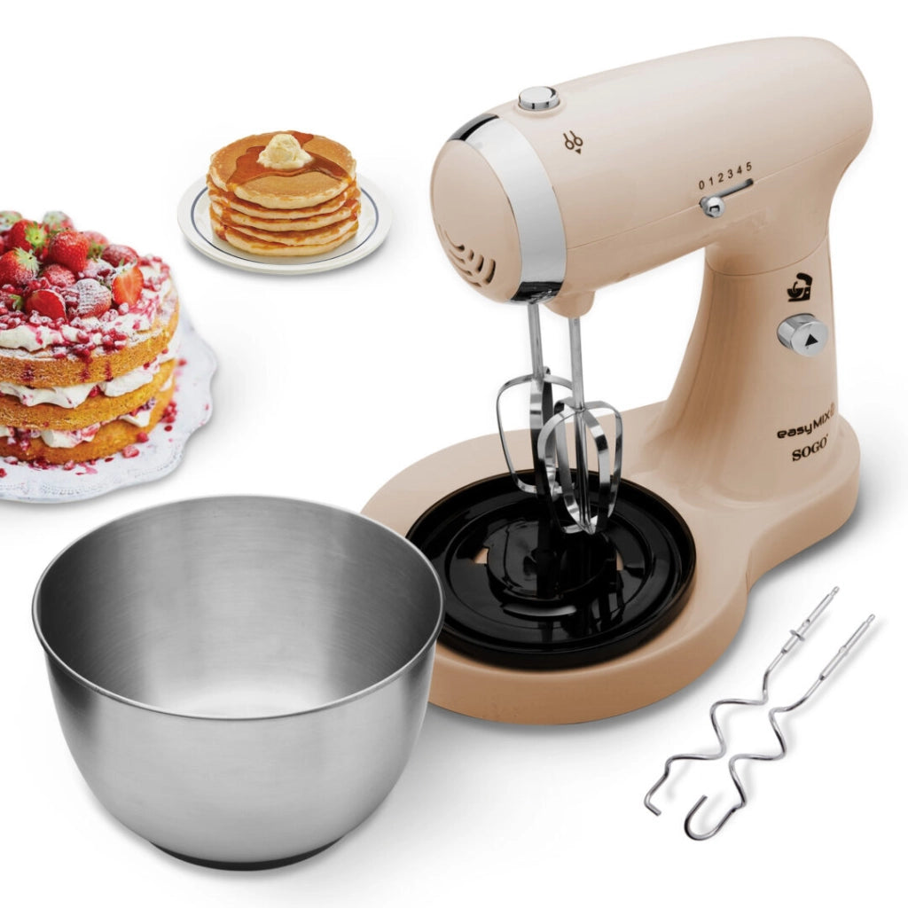 Impastatrice elettrica con ciotola 3,2L in acciaio inox, 5 velocità con fruste e ganci per dolci e impasti - Sogo