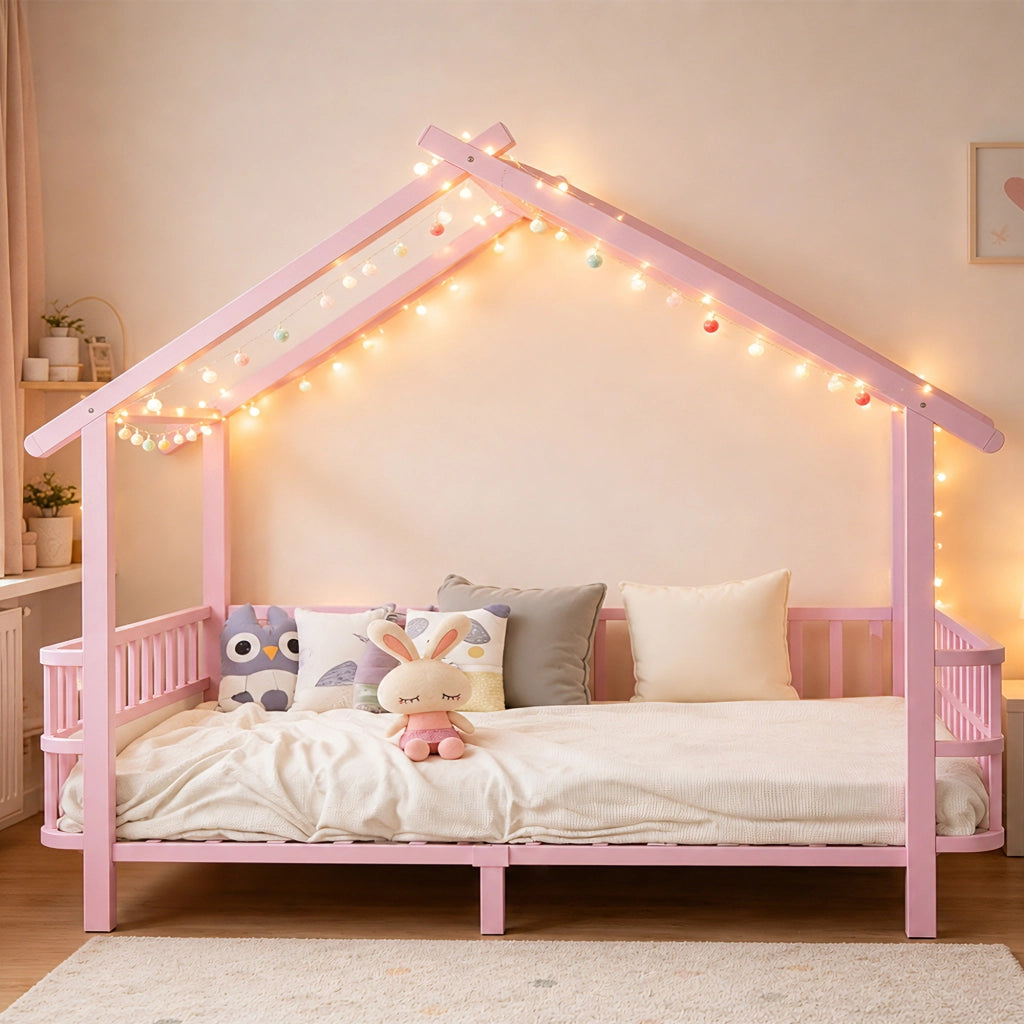 Letto casetta 90×200 cm; letto per bambini con barriera di sicurezza; struttura a tetto; senza materasso; metallo rosa