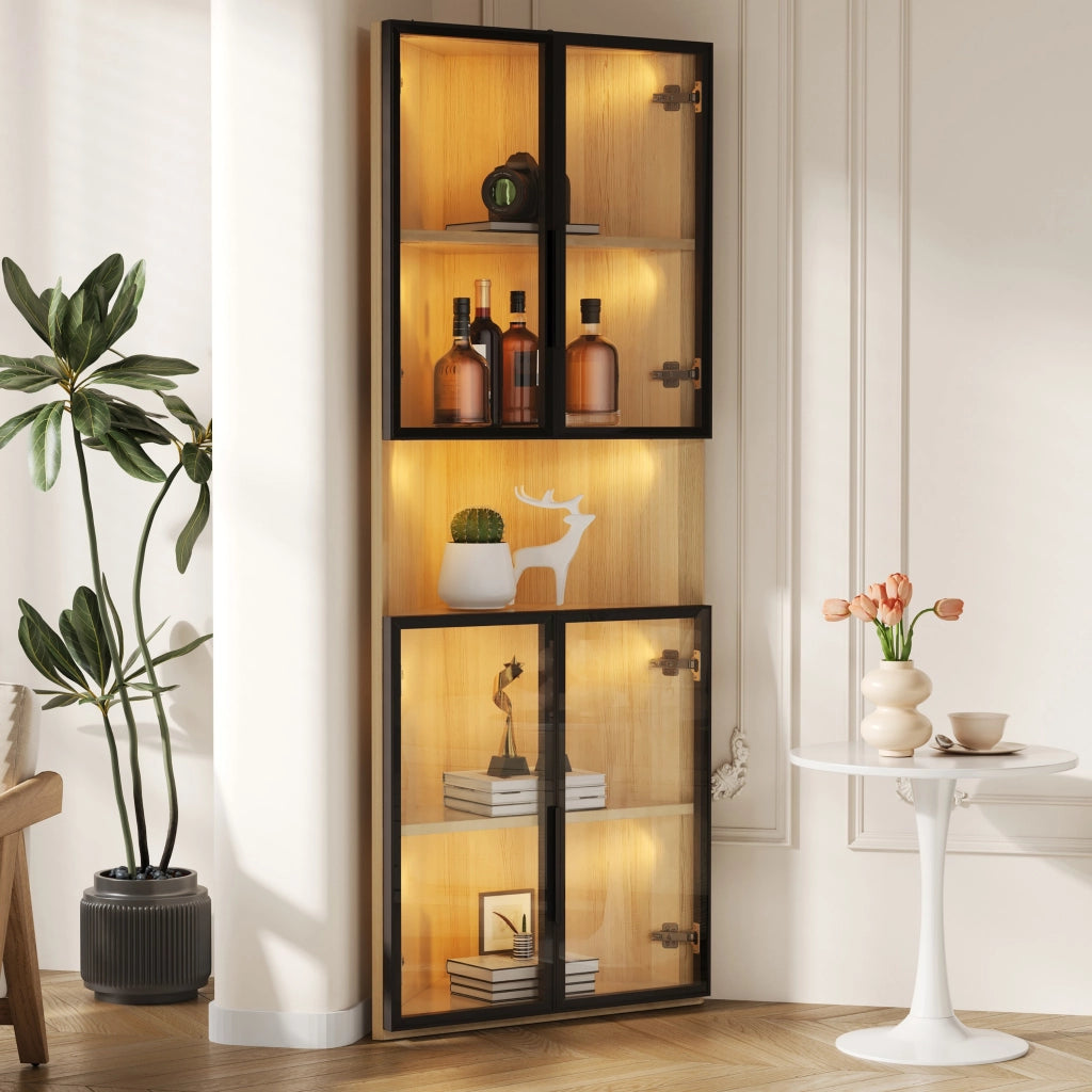 Vetrina, mobile angolare, ante in vetro, illuminazione a LED, 62x32x160 cm, colore legno naturale