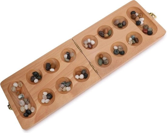 Set di gioco da tavolo in legno Mancala - tavolo pieghevole con 48 + 32 pietre multicolori - ideale per serata in famiglia - tavolo da viaggio divertente classico gioco da tavolo per adulti e bambini