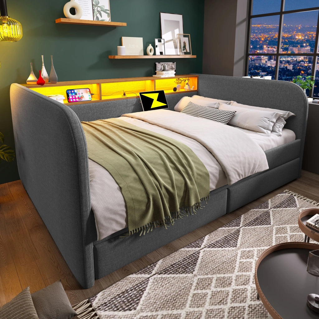 LETTO Imbottito 140x190 cm Grigio in Lino con LED, USB e 2 Cassetti
