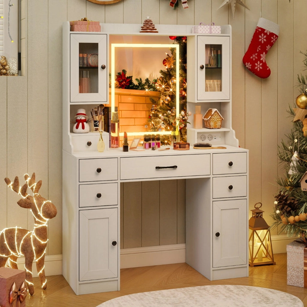 Tavolo trucco con prese di corrente e luminosit¨¤ regolabile, Scrivania trucco con porta asciugacapelli e cassetti-Tavoli da trucco