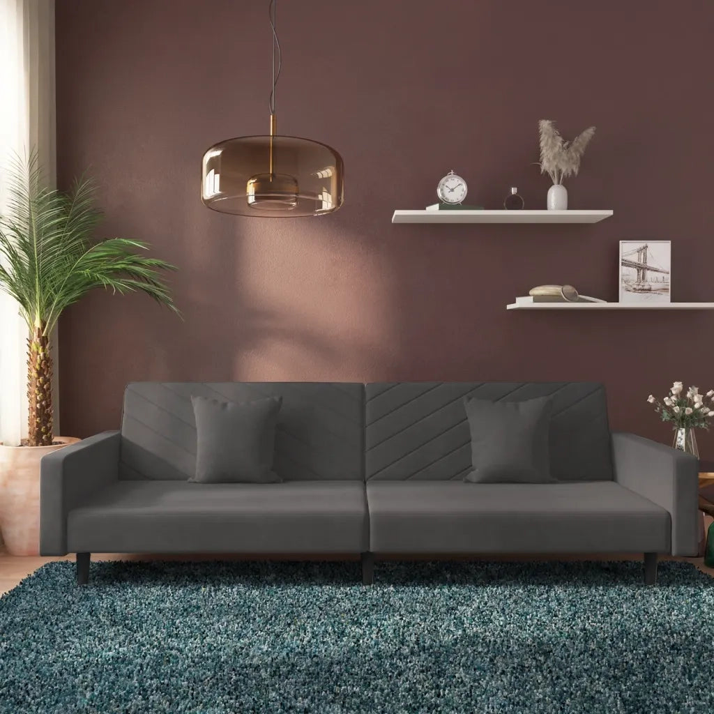 Divano Letto a 2 Posti con 2 Cuscini Grigio Scuro in Velluto 375919