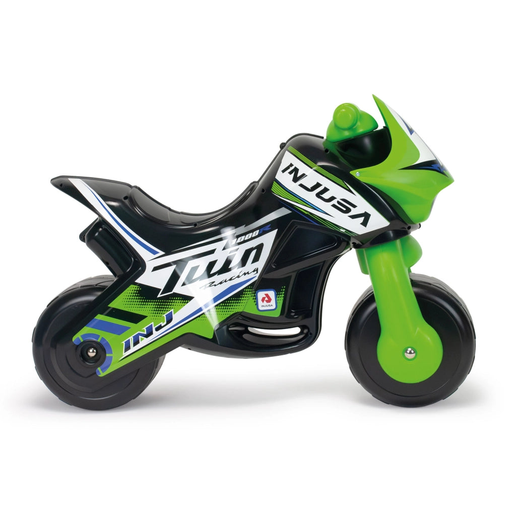 Moto Cavalcabile per Bambini 18+ Mesi Design da Corsa Twin Racing 65x22x44,5 cm Peso Max 30 kg Nero e Verde