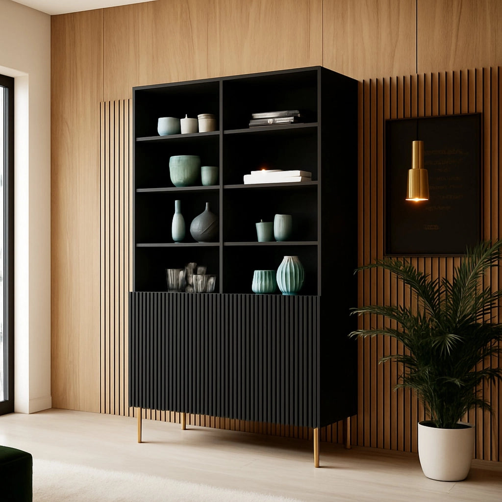 Libreria Estarreja, Mobile portalibri con vani aperti e due ante, Rialzato da terra, 100x42 h177 cm, Nero
