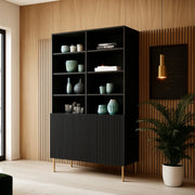 Libreria Estarreja, Mobile portalibri con vani aperti e due ante, Rialzato da terra, 100x42 h177 cm, Nero