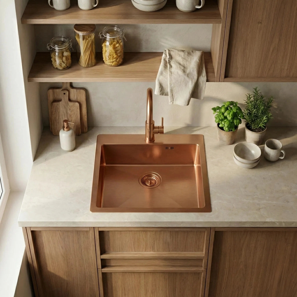Lavello In Acciaio Leo 50 Brush Copper con rubinetto da cucina
