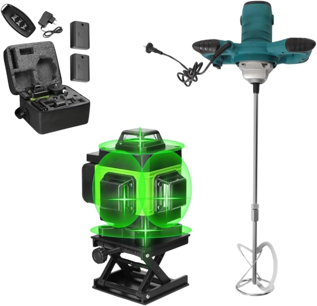 Miscelatore per Malta e Cemento 1600W con 6 Velocità e Attacco M14 + Livella Laser 4D a 16 Linee con Raggio Verde Autolivellante, Kit Professionale 2 in 1.