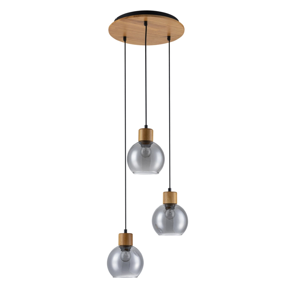 Sospensione nordica legno tonda vetro fumé 3xE27 Italux